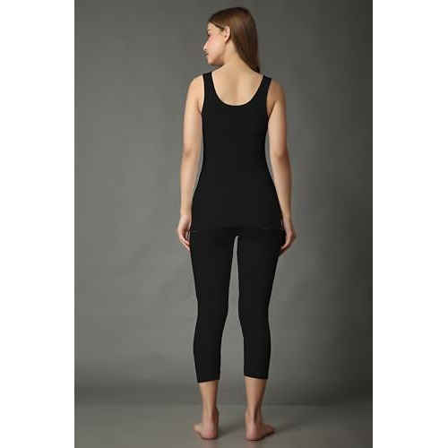 Wearslim WomenS Cotton Thermal Underwear Set, Thermal Sleeveless Camisole And Pant Set, Round Neck Tank Tops & Bottom Soft Warmer - Zed Black (S)