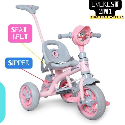 Fun Ride Tricycle Kids Musical Plug And Play Parental Control Handle For 1 To 5 Year-Sipper,Seat Belt,Eva Tyre -Trike For Indoor And Outdoor-Boys And Girls Up To 25 Kg- Made In India (Pink)