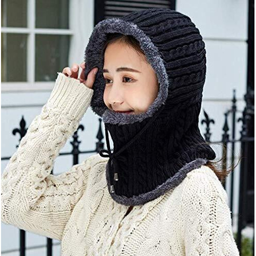 Alexvyan Beanie Warm Cap And Scarf Soft Snow And Air Proof Fleece Knitted Cap (Inside Fur) Woolen Beanie Winter Cap Combined Scarf For Girl Women Ladies (Black)