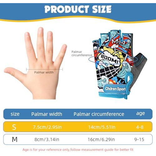 Proberos Surfing Boy Kids Bike Gloves Size S For 4-8 Years Old, Anti-Slip Breathable Fingerless Cartoon Print Riding Sport Gloves