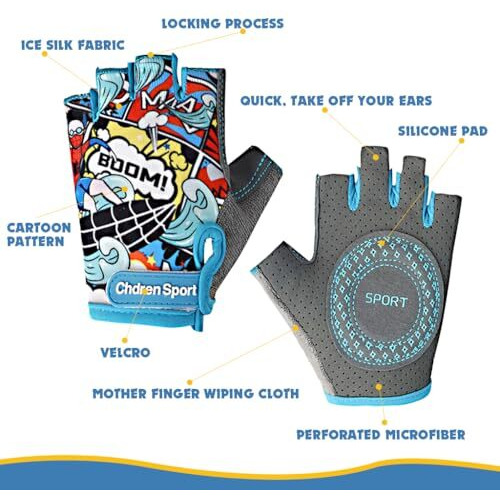 Proberos Surfing Boy Kids Bike Gloves Size S For 4-8 Years Old, Anti-Slip Breathable Fingerless Cartoon Print Riding Sport Gloves