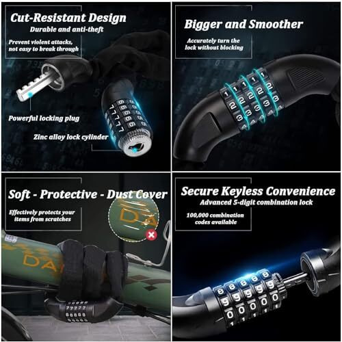 Sarte Chain Lock For Cycle 5-Digit Resettable Bike Helmet Lock Hard Steel Chain Lock For Bike Heavy Duty Cycle Locks For Bicycle With Protective Cloth Sleeve Bike Safety Lock 3.2 Ft Long 8Mm Thicker