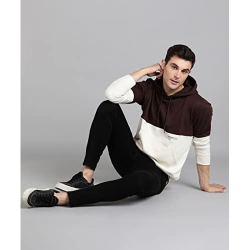 Alan Jones Clothing Men's Colorblock Cotton Regular Fit Hooded Sweatshirt (Brown_L)
