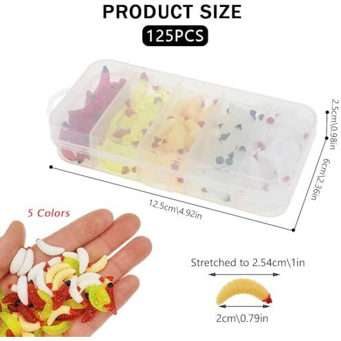 Proberos Fishing Lures, 125 Pcs Fishing Soft Plastic Lures, Fishing Lures Kit With Portable Box & 5-Color Worms Lures & 1 Inch Soft Pvc Realistic Maggot Fishing Baits