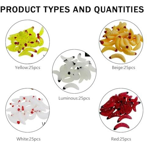 Proberos Fishing Lures, 125 Pcs Fishing Soft Plastic Lures, Fishing Lures Kit With Portable Box & 5-Color Worms Lures & 1 Inch Soft Pvc Realistic Maggot Fishing Baits