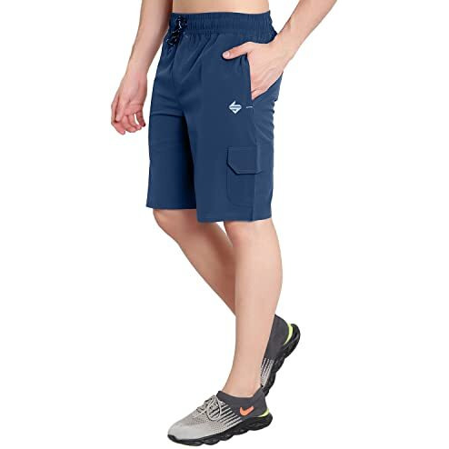 John Ally Athletic Sports Cargo Shorts For Men With Zip Pockets And Elastic Waistband Quick Dry Lightweight Activewear. (M, Berlin Blue)