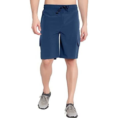 John Ally Athletic Sports Cargo Shorts For Men With Zip Pockets And Elastic Waistband Quick Dry Lightweight Activewear. (M, Berlin Blue)