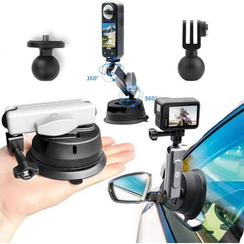 Yantralay Aluminium Car Suction Mount 360 Rotatable For Insta 360 X4/X3/X2, Ace Pro,One R/Rs, Hero 13 12 11 10 9 8 7, Dji Osmo Action Series & All Other Action Camera Accessories