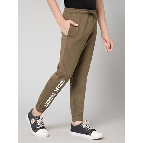 Alan Jones Clothing Boys Solid Joggers Track Pants (Olive_11-12 Years), Mid Rise