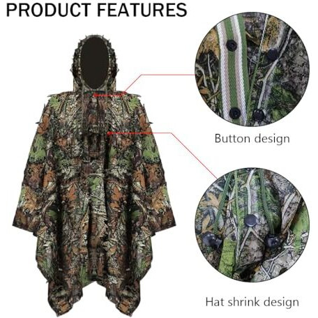 Proberos Ghillie Suit, 3D Camouflage Hunting Apparel, 3D Leaf Woodland Poncho Ghillie Suit Camouflage Clothing For Hunting Bird Watching Military Training Outdoor Gaming Wildlife Photography