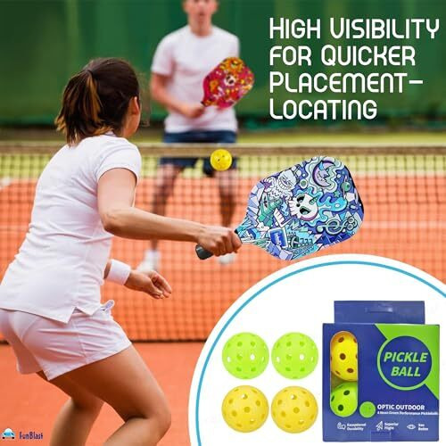 Funblast Pickle Ball  Pack Of 4 Durable Outdoor/Indoor Balls With 40 Precision Molded Holes, Optic Outdoor 4 Neon Green Performance Pickleballs, High Visibility For Consistent Play