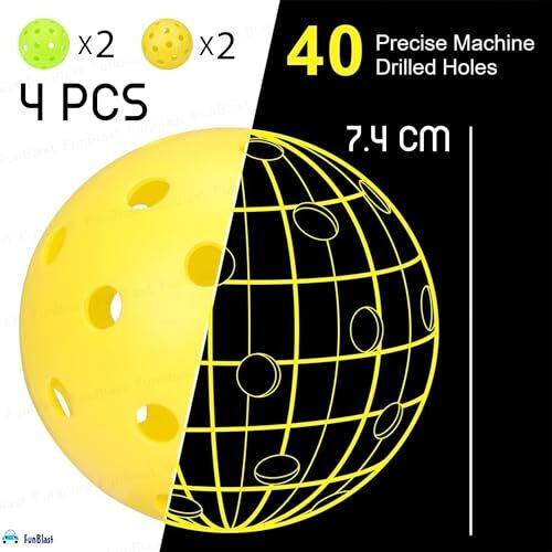 Funblast Pickle Ball  Pack Of 4 Durable Outdoor/Indoor Balls With 40 Precision Molded Holes, Optic Outdoor 4 Neon Green Performance Pickleballs, High Visibility For Consistent Play
