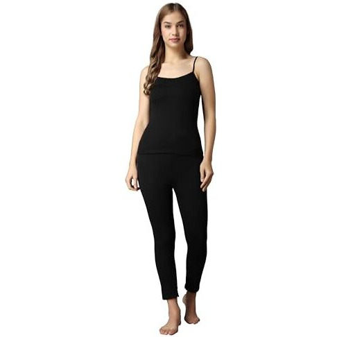 Wearslim WomenS Cotton Quilted Winter Lightweight Thermal Underwear For Women Long Johns Bottom And Spaghetti Set With Fleece Lined Soft Warmer Color - Zed Black (Size - Large)