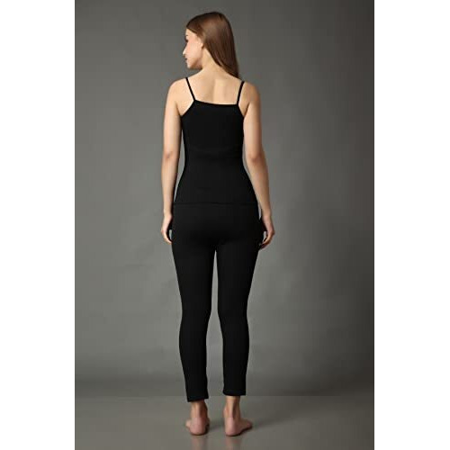 Wearslim WomenS Cotton Quilted Winter Lightweight Thermal Underwear For Women Long Johns Bottom And Spaghetti Set With Fleece Lined Soft Warmer Color - Zed Black (Size - Large)