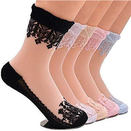 Pursue Fashion Transparent Net Crystal Elastic Ankle Length Socks With Little Flowers Print, For Women & Girls (Pack Of 2, Assorted Colours)