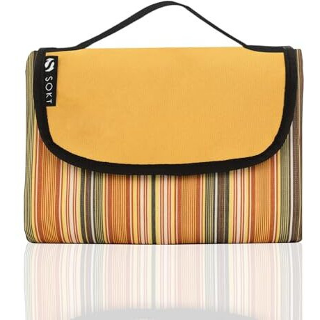 Sokt Outdoor Picnic Mat Blanket Extra Large For Beach Mat Foldable Lightweight Waterproof Sand Rectangular Mat For Beach Camping Hiking Park Patio (150 X 180 Cm Brown) (Striped-Yellow)