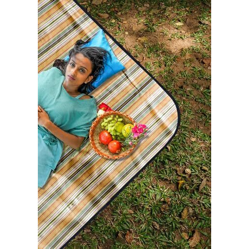 Sokt Outdoor Picnic Mat Blanket Extra Large For Beach Mat Foldable Lightweight Waterproof Sand Rectangular Mat For Beach Camping Hiking Park Patio (150 X 180 Cm Brown) (Striped-Yellow)