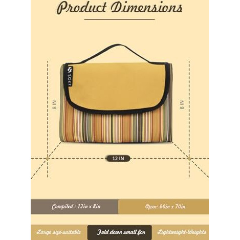 Sokt Outdoor Picnic Mat Blanket Extra Large For Beach Mat Foldable Lightweight Waterproof Sand Rectangular Mat For Beach Camping Hiking Park Patio (150 X 180 Cm Brown) (Striped-Yellow)