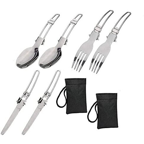 Near Stop 6 Piece Folding Camping Cutlery Set, Stainless Steel Portable Knife And Fork Spoon With A Nylon Pouch Cutlery Kit For Picnic Outdoor, Hiking, Travel