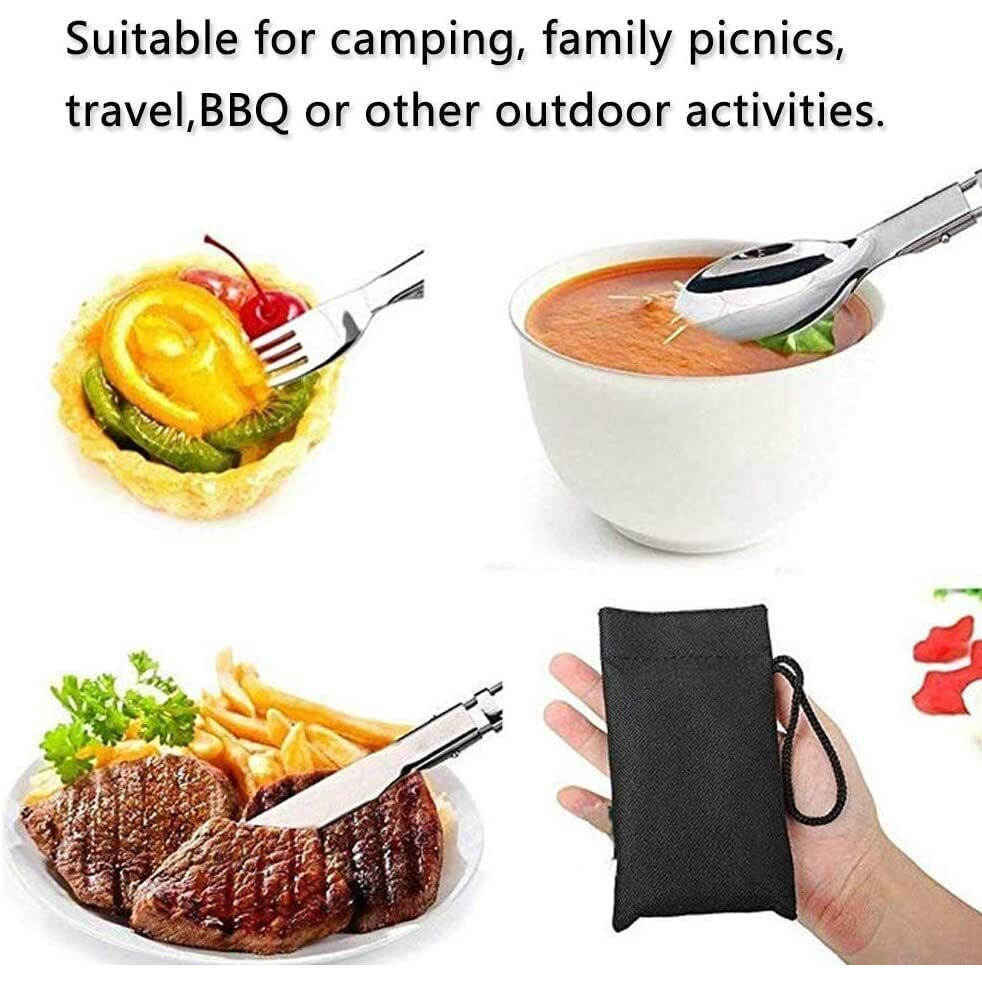 Near Stop 6 Piece Folding Camping Cutlery Set, Stainless Steel Portable Knife And Fork Spoon With A Nylon Pouch Cutlery Kit For Picnic Outdoor, Hiking, Travel