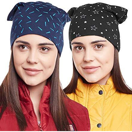 Mack Jonney Cotton Blend Beanie Cap For Women(Pack Of 2)-Cap__Prt__No.3__Nv__Prt__No.1__Bl__02-, Multicolour, Free Size