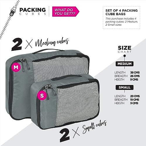 Fatmug Packing Cubes Travel Pouch / Bag Suitcase Organiser Set Of 4 ( 2 Medium And 2 Small) - Grey Polyester