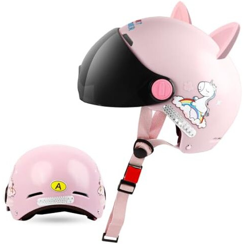 Proberos Kids Bike Scooter Helmet Safety Helmet With Visor Adjustable Chin Strap Anti-Impact Cushioning Helmet Cartoon Bunny Ear Unicorn Girls Bike Scooter Helmet Bicycle Helmet