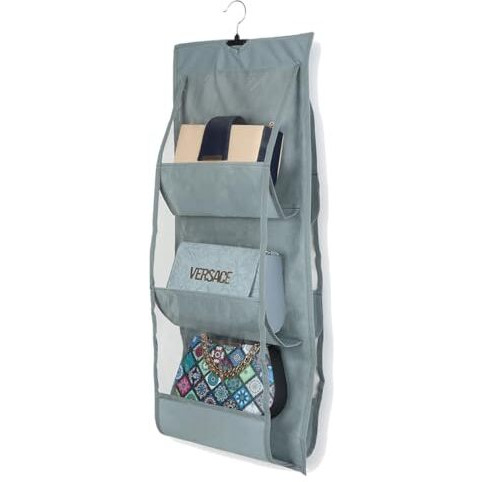 Double R Bags Dust Proof Hanging Handbag Purse Organizer With 4 Large Compartments & Hanger For Wardrobe, Closet Storage With Zipper. (Grey, Pack Of 1)