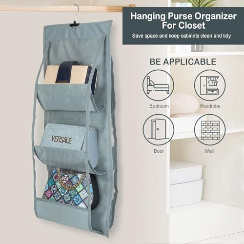 Double R Bags Dust Proof Hanging Handbag Purse Organizer With 4 Large Compartments & Hanger For Wardrobe, Closet Storage With Zipper. (Grey, Pack Of 1)
