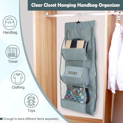 Double R Bags Dust Proof Hanging Handbag Purse Organizer With 4 Large Compartments & Hanger For Wardrobe, Closet Storage With Zipper. (Grey, Pack Of 1)