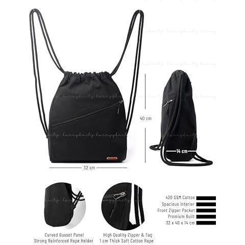 Harry Kritz - Unisex-Adult Drawstring Gym Sack Backpack, Black (16 Liters) With Zipper For Daily Use