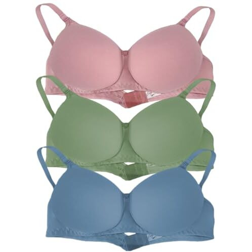 Arc De Shapes Women's T-Shirt Bra Full Coverage Lightly Padded Seamless Cotton Pack Of 3 Combo For Women & Girls Gives A Sexy & Stylish Look With Detachable Straps Pack Of 3 (Blue-Green-Peach) - 32C