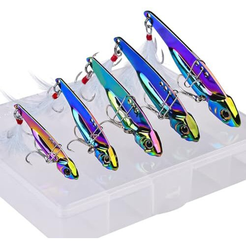 Proberos 5Pcs Fishing Lures Dual Hook Fishing Lures Sinking Lure Bait, 5 Sizes Color Silver Spoons Fishing Lures&3D Lifelike Eyes, 5G/7G/12G/15G/20G With Storage Box, Fishing Tools Accessories