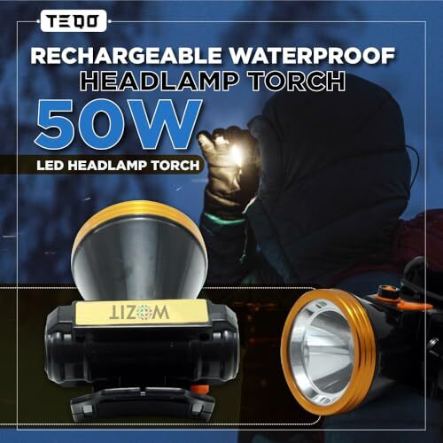 Teqo Rechargeable Headlamp | 20 Watts Led Headlamp With Adjustable Beam | Waterproof, Anti-Slip Headband, 1200Mah Battery, Long-Range 500M (Black)