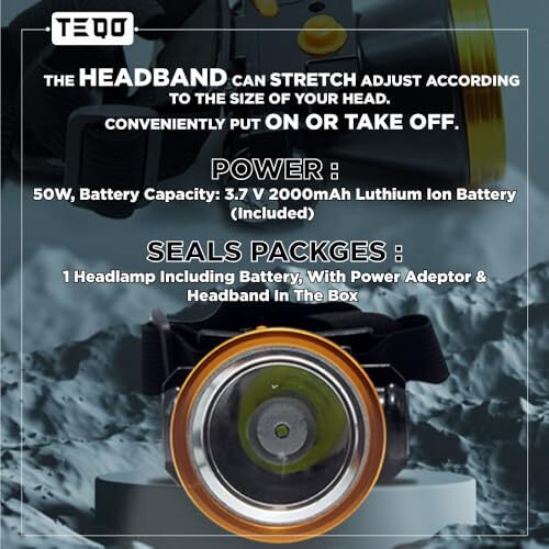 Teqo Rechargeable Headlamp | 20 Watts Led Headlamp With Adjustable Beam | Waterproof, Anti-Slip Headband, 1200Mah Battery, Long-Range 500M (Black)