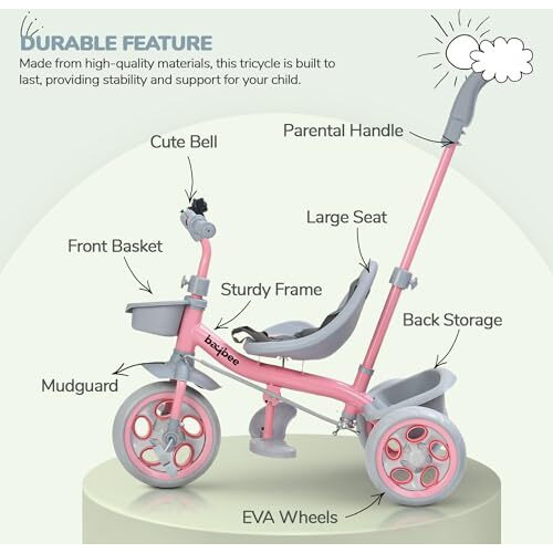 Baybee Beagle Pro 2 In 1 Baby Tricycle For Kids, Plug N Play Kids Tricycle With Parental Push Handle, Eva Wheels, Footrest & Baskets | Kids Cycle Trikes | Baby Cycle For Kids 2 To 5 Years (Pink)