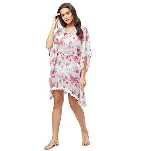 Mirchi Fashion Women's Faux Georgette Flower Printed Western Kaftan Beachwear Dress Swim Suit Bikini Boho Body Cover - Ups (Sk424 - Red, White)