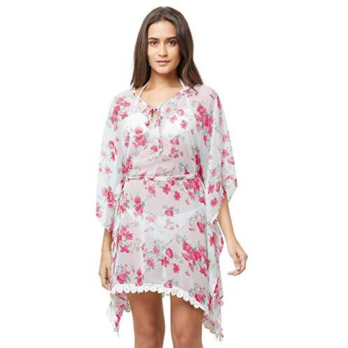 Mirchi Fashion Women's Faux Georgette Flower Printed Western Kaftan Beachwear Dress Swim Suit Bikini Boho Body Cover - Ups (Sk424 - Red, White)
