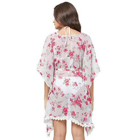 Mirchi Fashion Women's Faux Georgette Flower Printed Western Kaftan Beachwear Dress Swim Suit Bikini Boho Body Cover - Ups (Sk424 - Red, White)