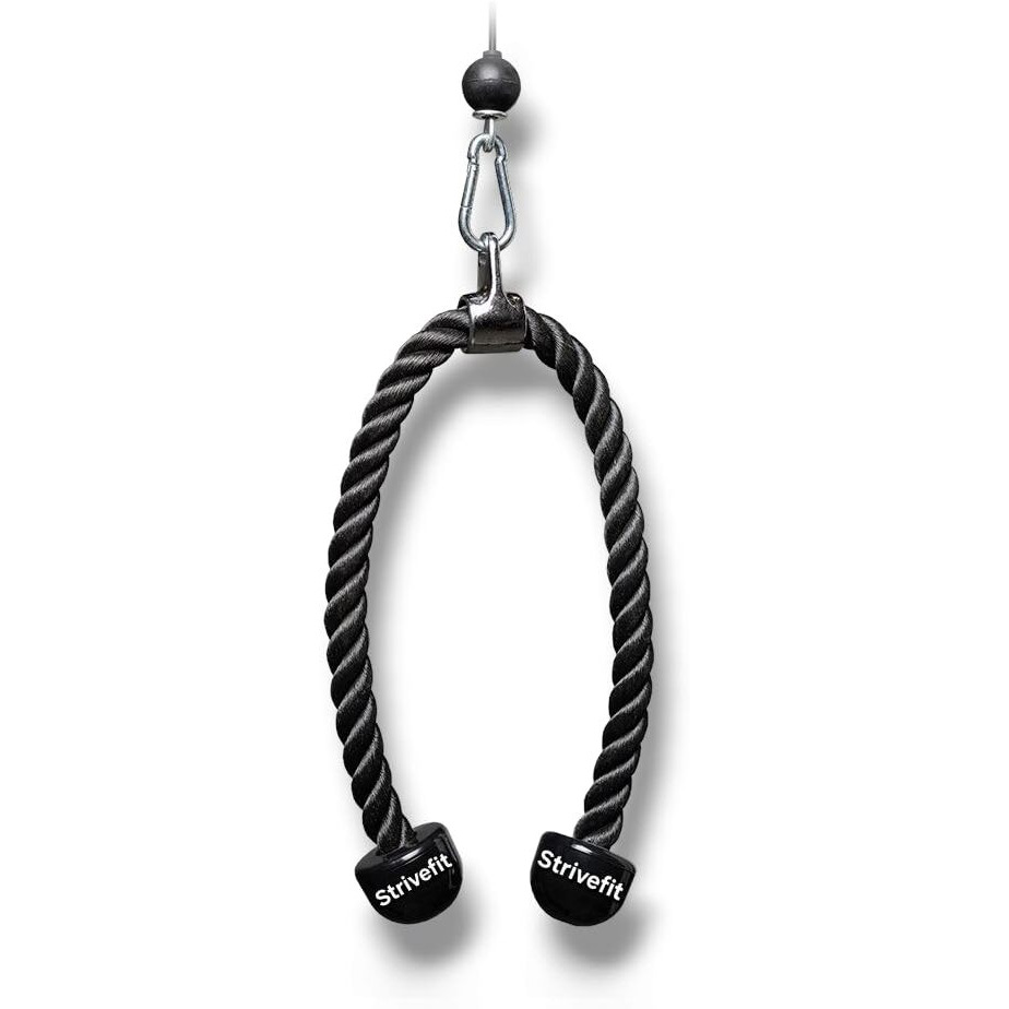 Strive Fit Tricep Rope Pull Down Fitness Cable Attachment With Stainless Steel Snap Hook- Lats, Biceps, Triceps, Gym Or Home - 27 Inch Tricep Rope - Black