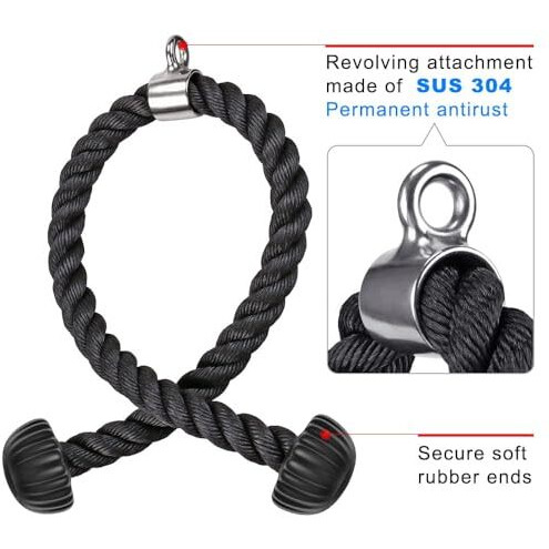 Strive Fit Tricep Rope Pull Down Fitness Cable Attachment With Stainless Steel Snap Hook- Lats, Biceps, Triceps, Gym Or Home - 27 Inch Tricep Rope - Black