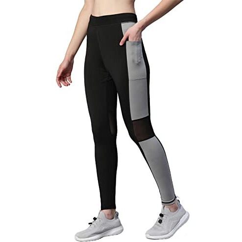 Blinkin Women's Gym Wear Skinny Fit Tights|Track Pants With Mesh Insert & Side Pockets  Ideal For Active Wear,Yoga & Workout - The Ultimate Gym Pants For Women & Girls_7125 (Color_Black|Grey,Size_L)