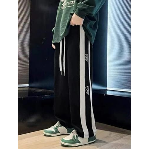 Mack Jonney Men's Black Striped Track Pants - Loose Fit, Summer, Size L