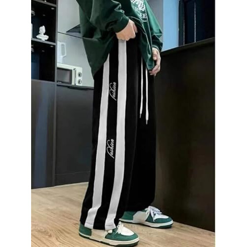 Mack Jonney Men's Black Striped Track Pants - Loose Fit, Summer, Size L