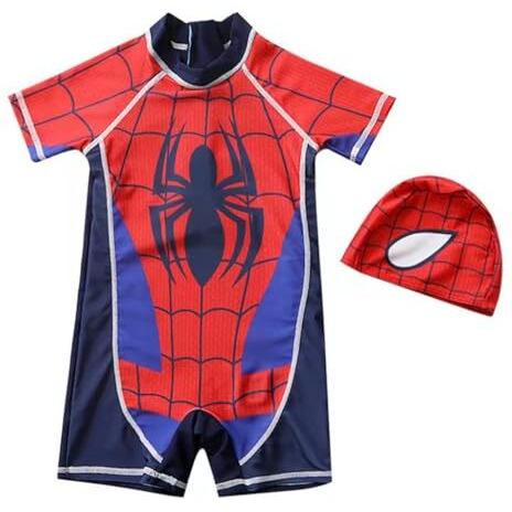 Snowie Soft Swim Suit For Kids Boys, Upf 50+Swimming Costume For Boys Cap Set Short Sleeve Spiderman Print Stretchy Multipurpose Wear For Swimming, Cycling, Aerobics For 5-6 Years Old