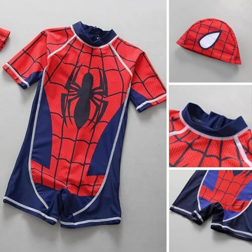 Snowie Soft Swim Suit For Kids Boys, Upf 50+Swimming Costume For Boys Cap Set Short Sleeve Spiderman Print Stretchy Multipurpose Wear For Swimming, Cycling, Aerobics For 5-6 Years Old