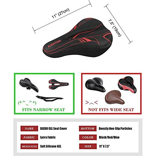 Alexvyan Soft Bicycle Silicone Gel Saddle Cover (11 * 7.5 Inch) Cycling Cushion Pad City Cycle Seat Cover Gym Cycle Gel Cover -Fits Narrow/Slim Seats (Black And Red)