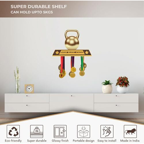 Wallzy Wooden Medal Holder For Wall, Wooden Medal Hangers For Wall Frame Display And Home Decor, Engineered Wood Trophy Stand And Medal Hanger Wall Mounted Shelf Holds Upto 24 Medals (Walnut Brown)