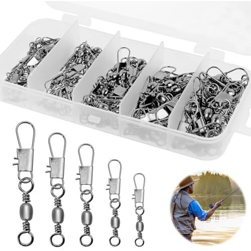 Proberos 50Pcs Fishing Rolling Ball Bearing Barrel Swivel With Safety Snap Connector Fishing Accessories, 5 Sizes