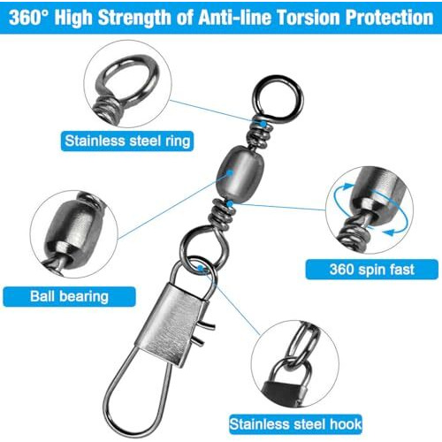 Proberos 50Pcs Fishing Rolling Ball Bearing Barrel Swivel With Safety Snap Connector Fishing Accessories, 5 Sizes